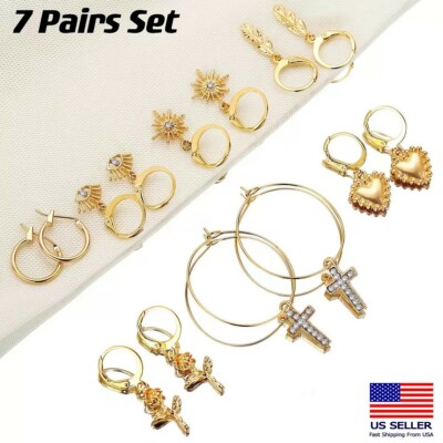 Women 7 Pair Retro Earrings Value Set Gift Cross Evil Eye Heart Rose Leaf 0489