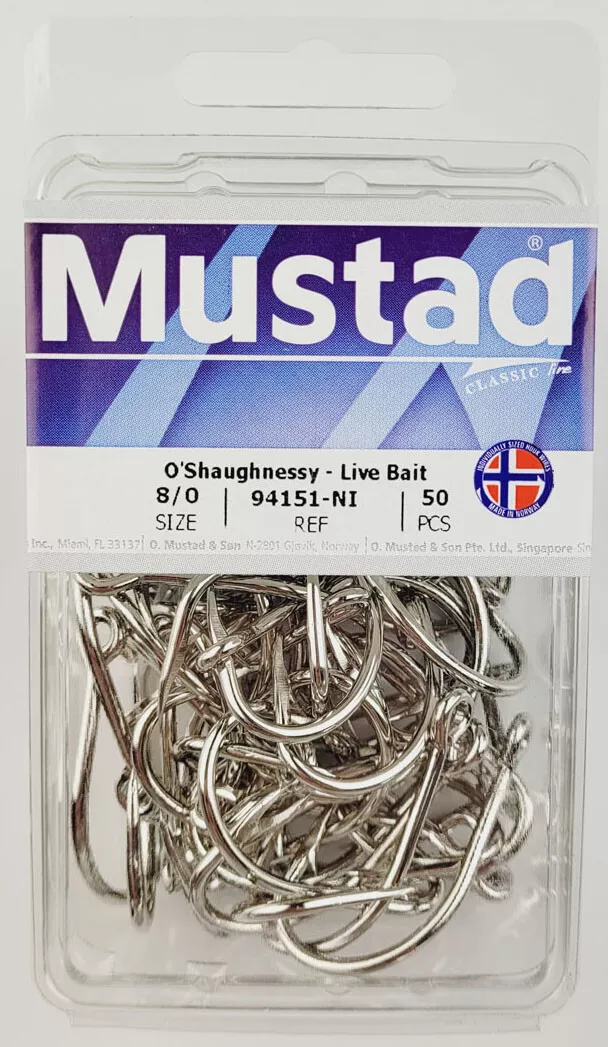 Mustad Hooks 94151-NI-8/0-50 Silver Short O'Shaughnessy 3X Strong