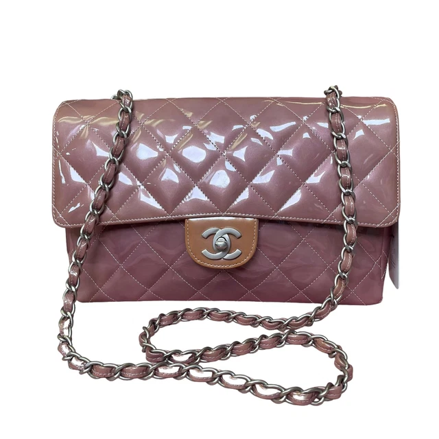 Chanel CC Purple Lilac Patent Brushed Silver Smokey Lilac Lambskin Single Flap