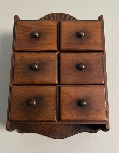Vintage Mid Century Sunburst Six- Drawer Hanging Spice Wood Cabinet Farmhouse - Picture 3 of 7
