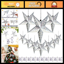 10 Pcs 3D Silver Paper Star Lanterns with LED Lights - 11.8 Inch Hanging Decor f