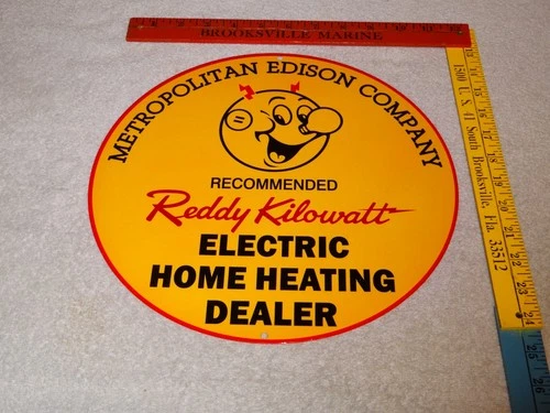 VINTAGE REDDY KILOWATT ELECTRIC POWER 11 3/4" PORCELAIN METAL GASOLINE OIL SIGN!