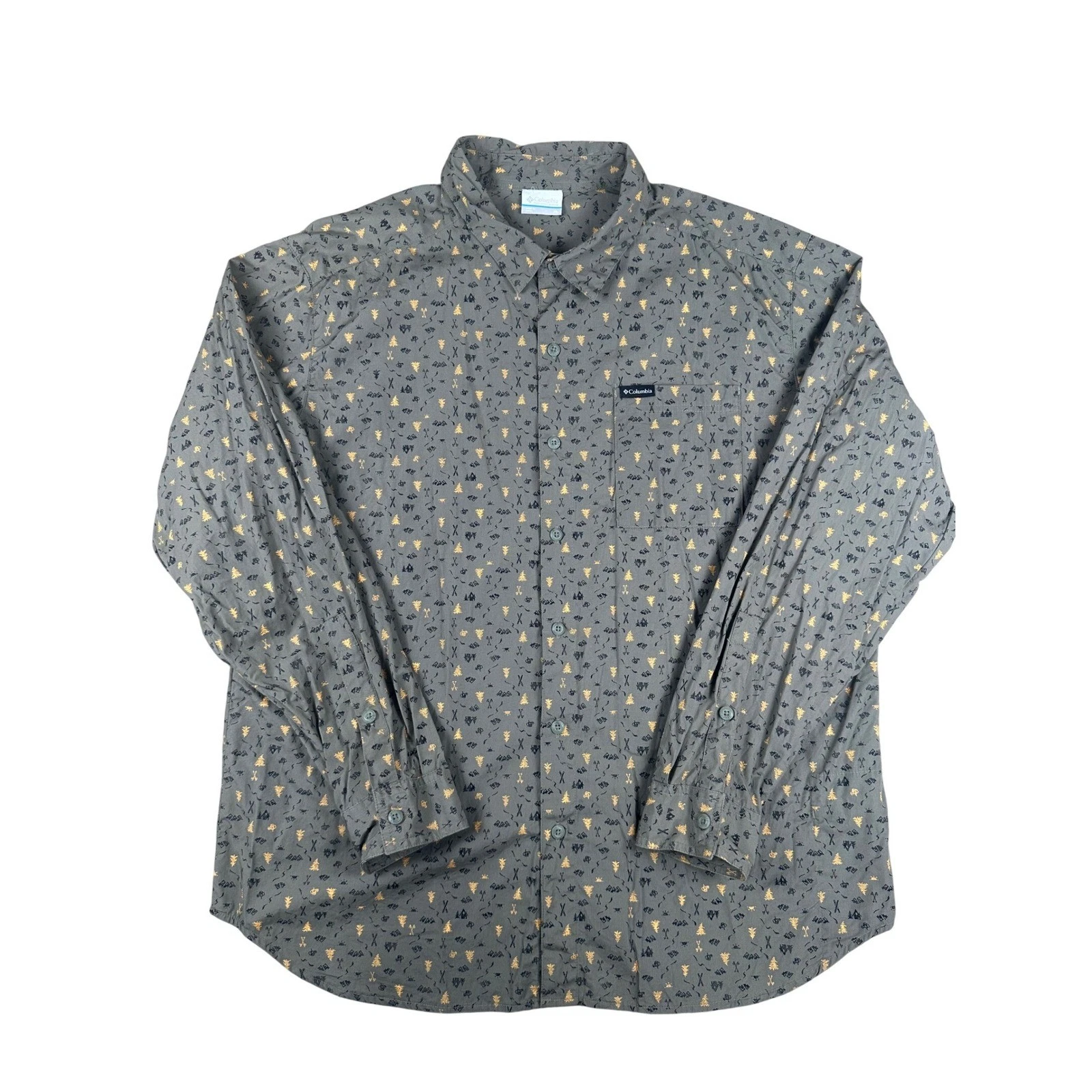 Columbia Mens XL Long Sleeve Button Down Shirt Olive Green Outdoor Print Hiking