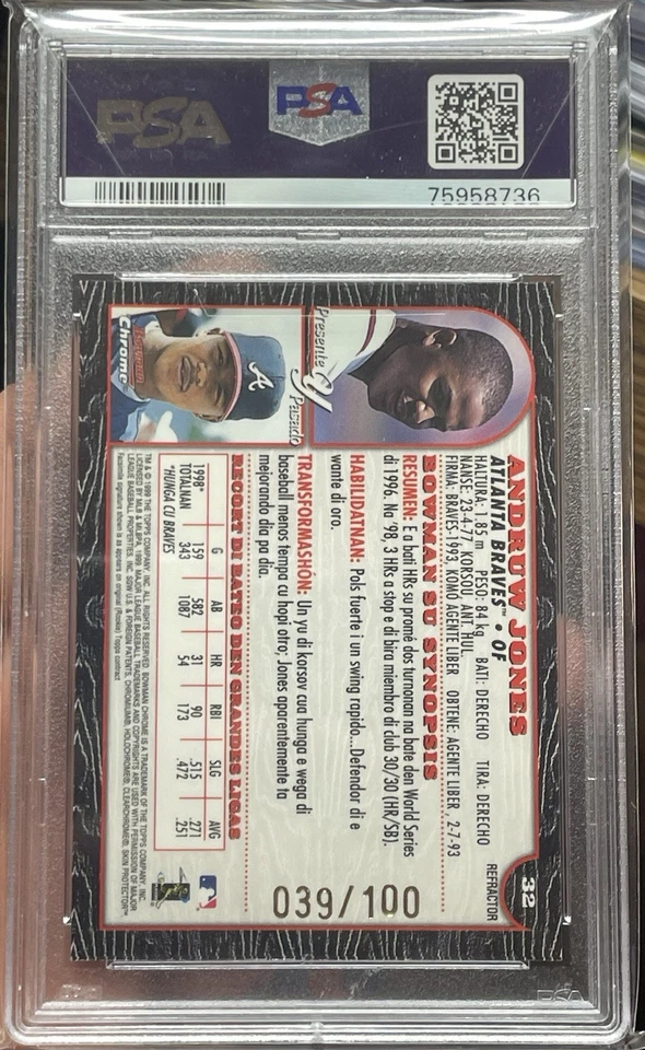PSA 9 ANDRUW JONES 1999 Bowman Chrome International Refractor #/100 ATL BRAVES - Image 2 of 3