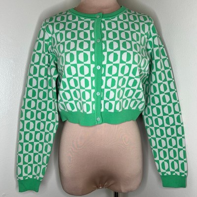 Vera Moda Sara Cropped Cardigan Sweater Medium Womens Green Geometric Knit New 