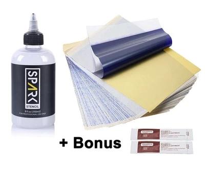 SPARK Stencil Stuff Tattoo Transfer Gel 250ml + 10 Sheets Spirit Stencil Paper