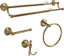 Antique Brass Bathroom Accessories Set - 4 Piece with Solid Brass Towel Rack