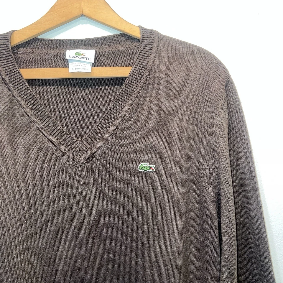 Suéter Lacoste Para Hombre Manga Larga Cuello en V 100% Algodón Marrón Talla 4 (Mediano) Foto 2 de 4