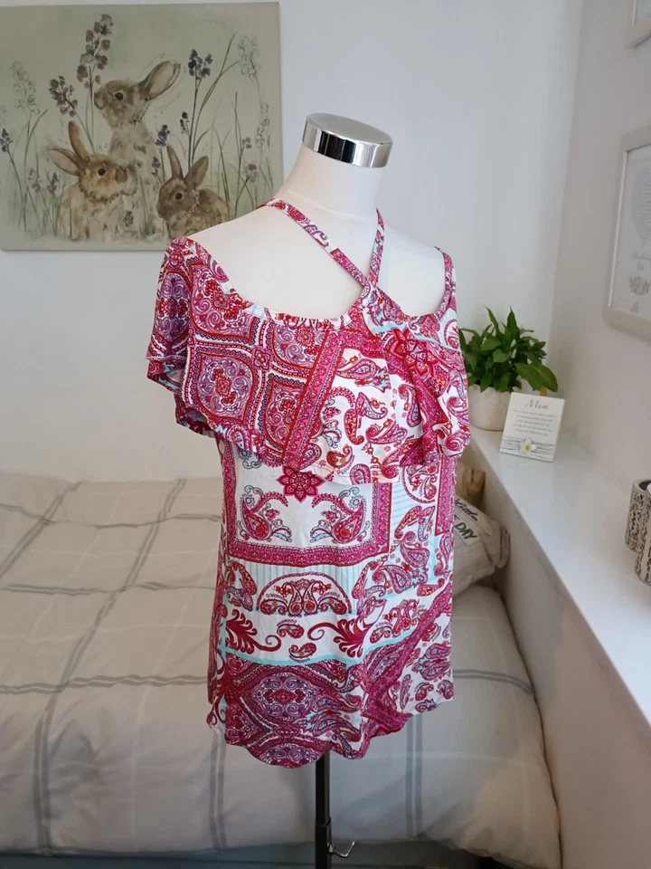 George Size 10 White Pink Blue Paisley Print Stretch Halter Neck Blouse Top - Image 3 of 4