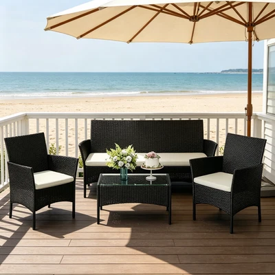 4-Seater Garden Sofa Set, Table & Cushion, Wicker Outdoor Rattan Patio Furniture - Image 1 of 4