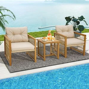 3PCS Patio Acacia Wood PE Wicker Furniture Set w/ Soft Seat & Back Cushions