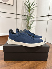 ZEGNA Triple Stitch Navy Blue Wool Slip On Sneakers Men Casual Low Top Shoes