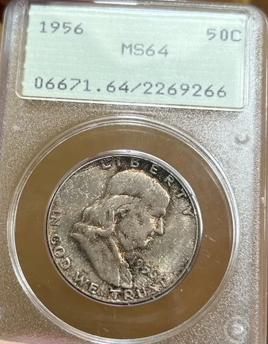 1956 P Franklin Silver Half Dollar PCGS MS64 OGH Rattler Nice Color