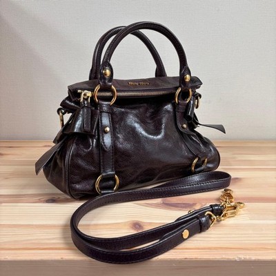 Miu Miu Vitello Lux Ribbon Dark Brown Leather 2Way Shoulder