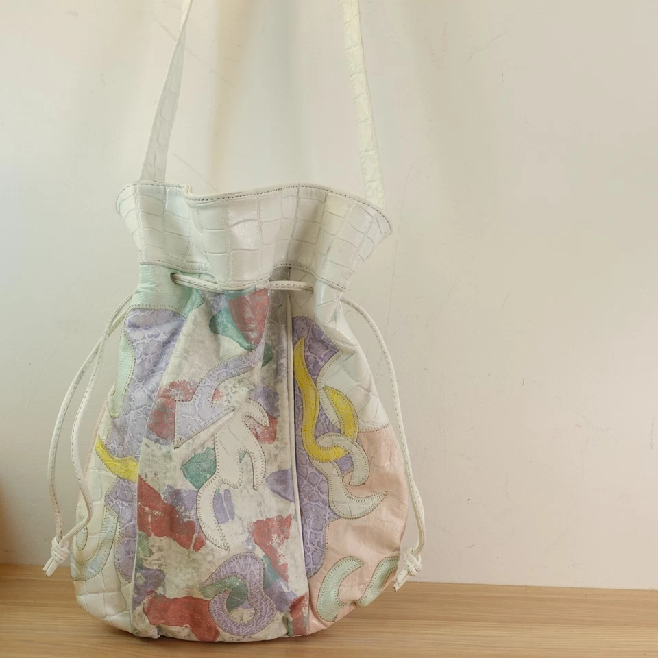 70s Vintage Patchwork Purse Bucket Drawstring Large Faux Leather Bag Hobo Whimsy - Image 2 of 4