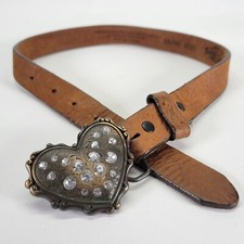 Justin Leather Belt 20 22 24 Heart Buckle Rhinestone Tooled Western Girls Brown