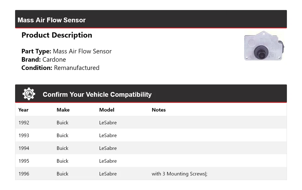 Sensor de flujo de aire másico Cardone 1993 1994 1995 para Buick LeSabre 1992-1996 Foto 2 de 4