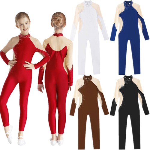 Kids Girls Leotard Dance Jumpsuit Ballet Bodysuit Sports Rompers Gymnastic Mesh - Picture 4 of 61