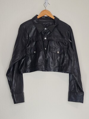 For Love & Lemons Afton Faux Leather Jacket Black Fringe Trim Cropped Size M