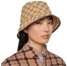 NEW GUCCI CURRENT CAMEL & EBONY CANVAS GG CRYSTALS BUCKET FEDORA HAT 56/S