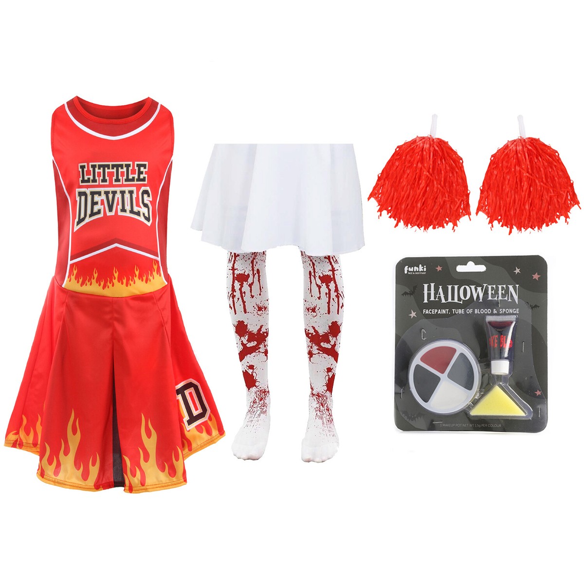 GIRLS DEVIL HALLOWEEN CHEERLEADER FANCY DRESS COSTUME AND