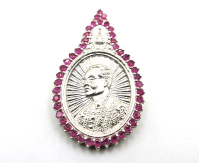 Pink Ruby Gemstones 925 Silver Thailand Gift King Bhumibol Rama 9 Pendant Brooch