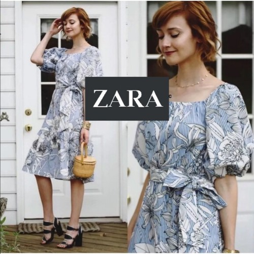 ZARA BLUE FLORAL MIDI ROMANTIC BELTED 