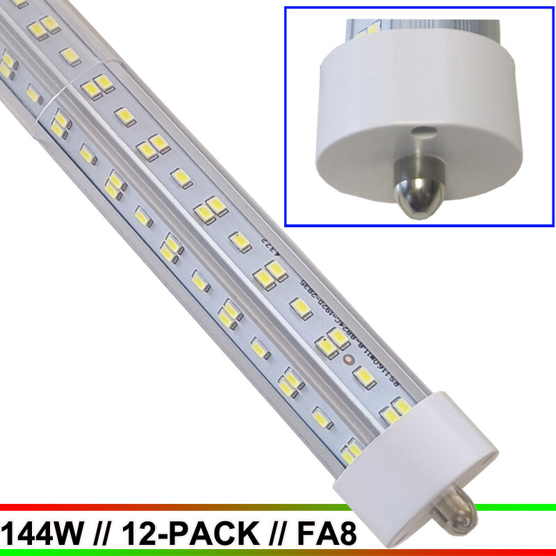 8FT T8 Single Pin LED Tube Light 144W 6500K Shop Light 12 Pack