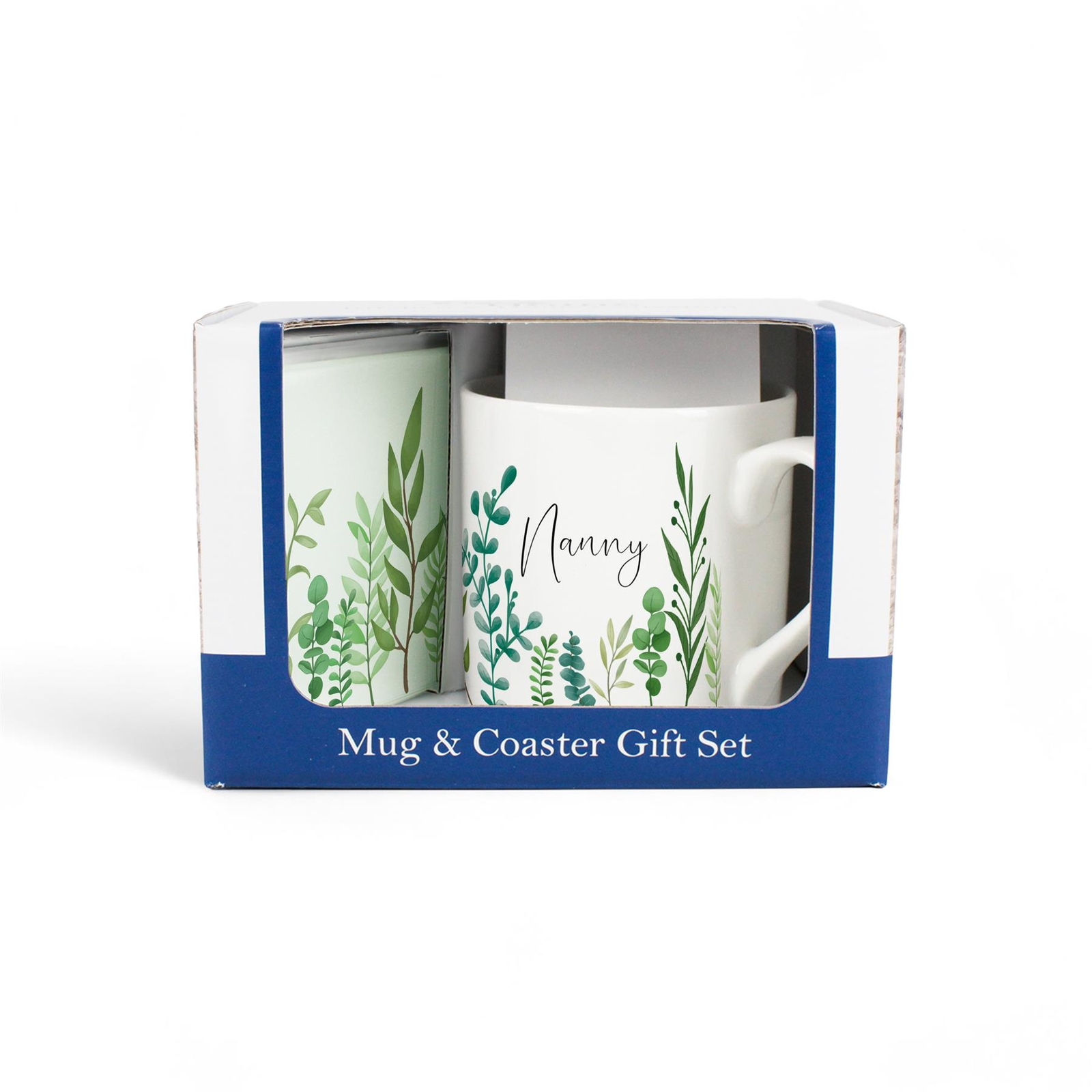 Nanny Bone China Mug & Glass Coaster Green Foliage Gift Set for Mother's Day