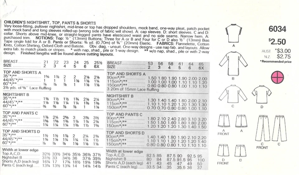 Uncut Butterick Sewing Pattern #6034 Children's Nightshirt Top Pants Shorts 5-6X - Image 2 of 2