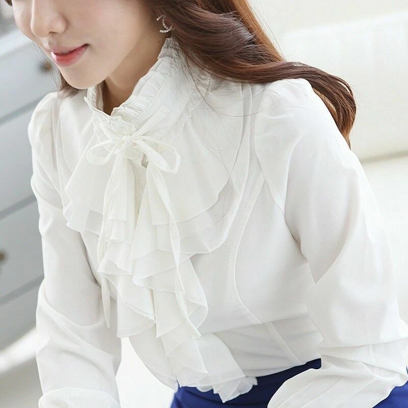 Lady Ruffles Frill Collar Shirt Top Chiffon Blouse Victorian