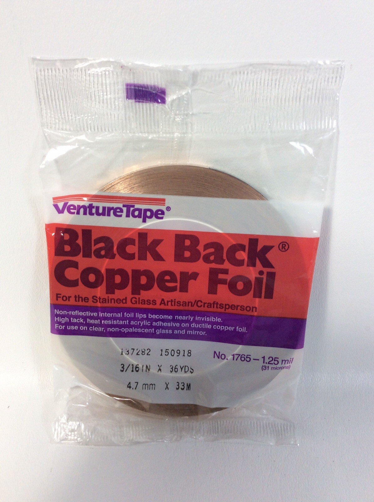 Venture Tape Stained Glass Copper Foiling Tape Black Back 3/16” 1.25