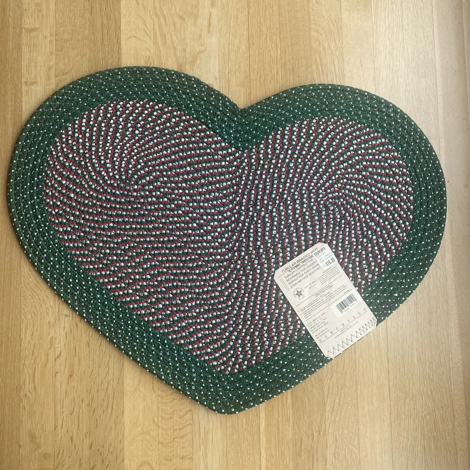 全新 复古 MCM 红色 绿色 圣诞节 心形 黄麻编织 地垫 22x30 — 第 2/4 张图片
