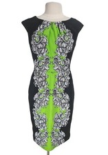 LONDON TIMES Black Green Floral Sheath Mini Dress Women Size 8 Crew Neck Zip Up