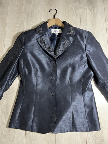 Le Suit Navy Satin Floral Sequined Embroidered Blazer Jacket Sz 6 - Picture 3 of 8