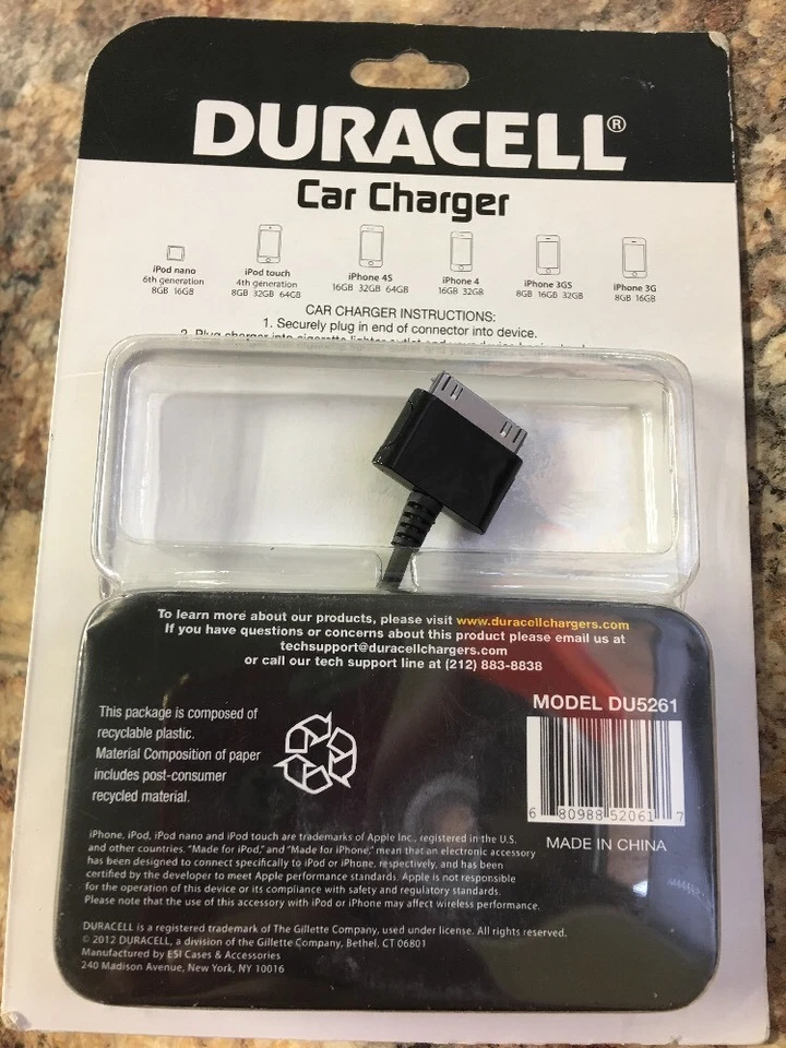 DURACELL DU5261 CAR CHARGER FOR IPHONE IPAD AND NANO AND IPOD TOUCH 2.1 AMP  - Image 2 of 2