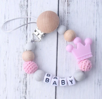 Personalised Name Silicone Crown chew Baby Pacifier Clips Holder Soother