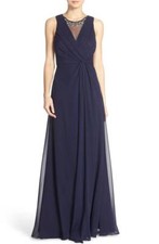 Women's Eliza J Embellished L145711 Chiffon Fit & Flare Gown Size 4 Blue