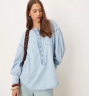 We The Free Denim Dreaming Pullover Blouse Sz L Oversized Ruffle Button Boho