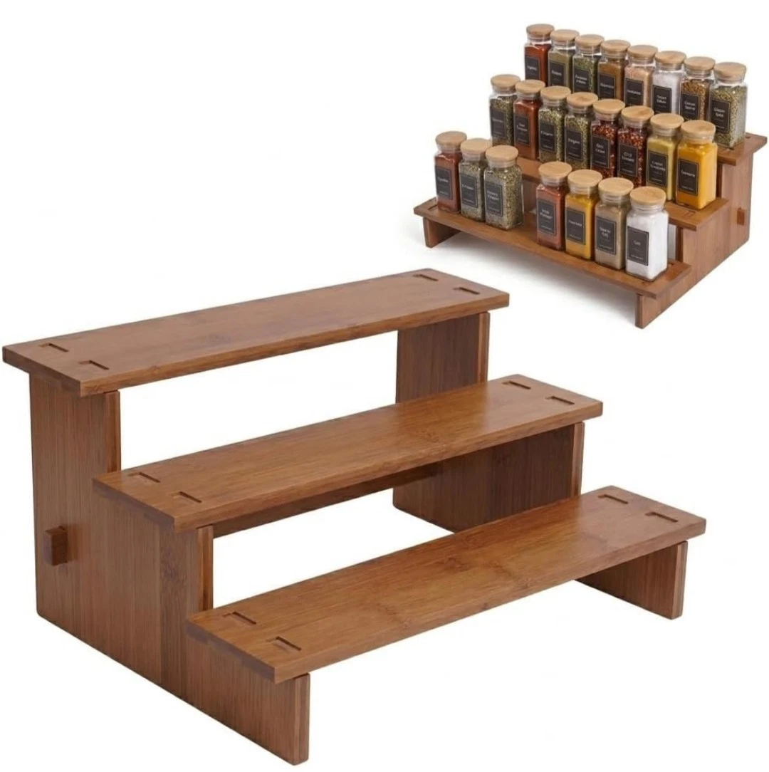 Three-Tier Bamboo Spice Rack – Easy Assembly Kitchen Organizer – Rich Brown