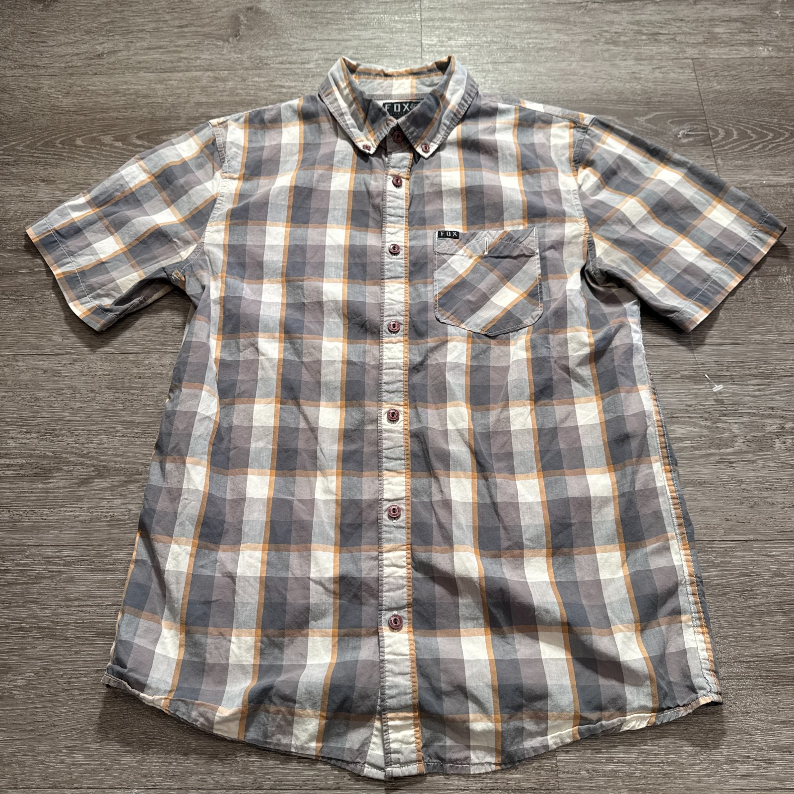 Fox Racing Shirt Mens Small Gray Plaid Short Sleeve Button up Cotton Pocket