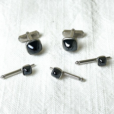 Swank Cuff Links  Shirt Studs 3 Pyramid Glass Dome Black Silver Tone Vintage
