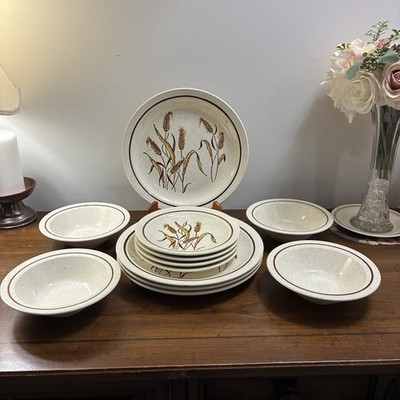 Vintage Homer Laughlin Stoneware Wheat Speckled Brown Dinnerware 12 P Serves 4