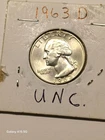 1963 D Washington Silver Quarter 90% Silver. UNC.