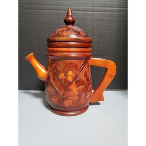 Hand Carved Wood Teapot with Lid Rustic Floral Design Decorative Accent Piece
