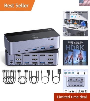 High Performance 8K KVM Switch - Share 3 Monitors Between 2 PCs Effortlessly