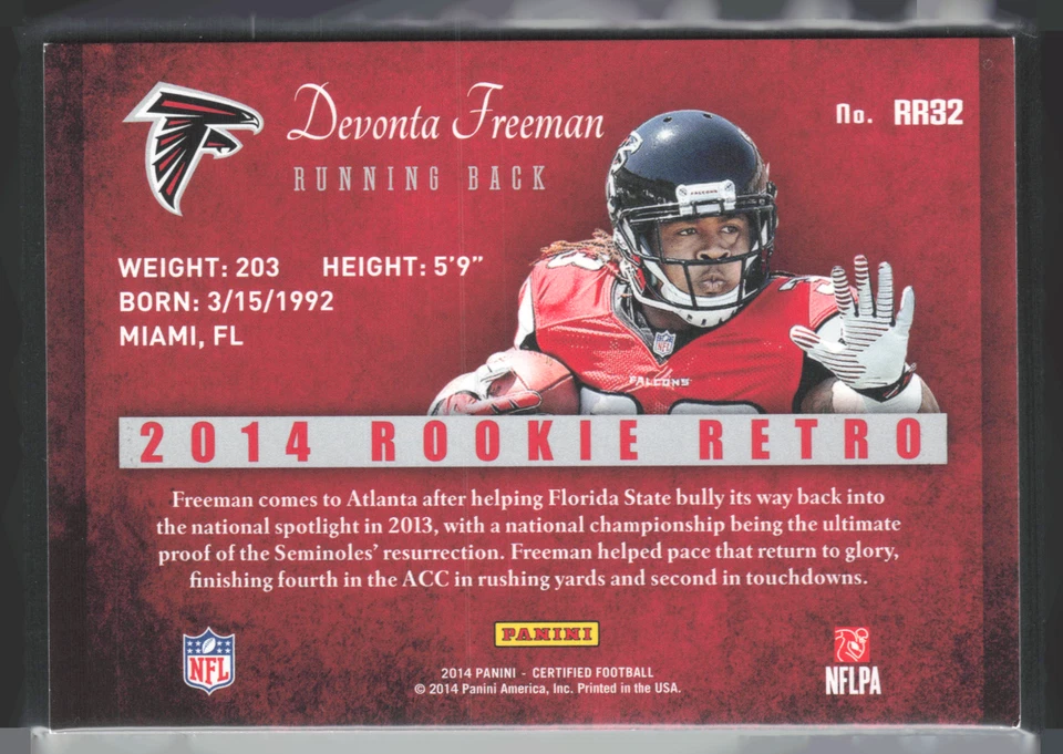 2014 Certified Rookie Retro Blue #32 Devonta Freeman 06/99 - FB - Image 2 of 2