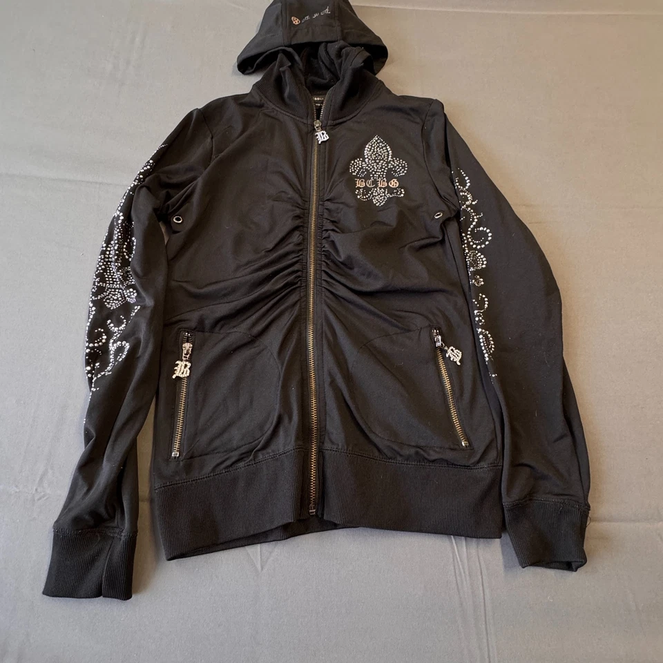 Chaqueta con Capucha Bcbg Maxazria Vintage Y2K Grunge Estrás Negra Dorada Talla S Foto 2 de 4