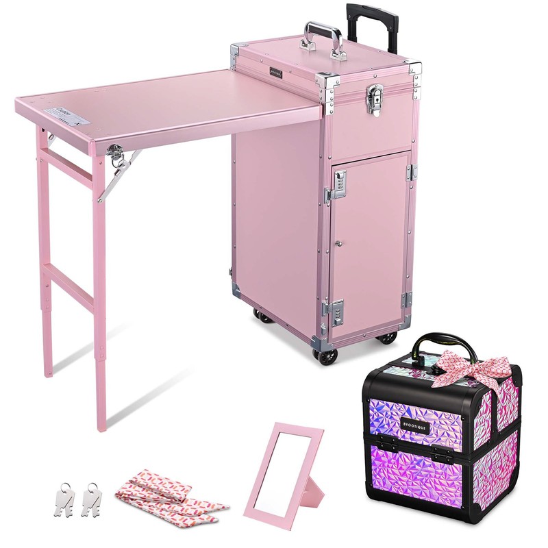 Byootique Rolling Nail Table Kit w/ Makeup Case Cosmetic Organizer Aluminum Pink