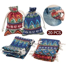 20x Printed Cotton Linen Drawstring Bags Ethnic Jewelry Pouch Gift Favor 10x14cm